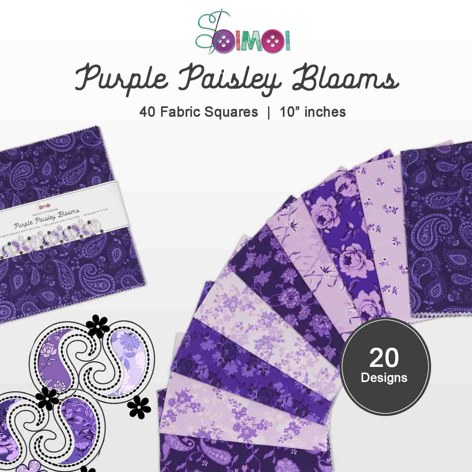 40 Pcs Cotton Bundles Charm Packs for Quilting, DIY Fabric Bundle Square, Fat Quarter Layer Cake, Fabric Scraps for Crafts, Precuts Quilt Squares 10 x 10 inches - Purple Paisley Blooms