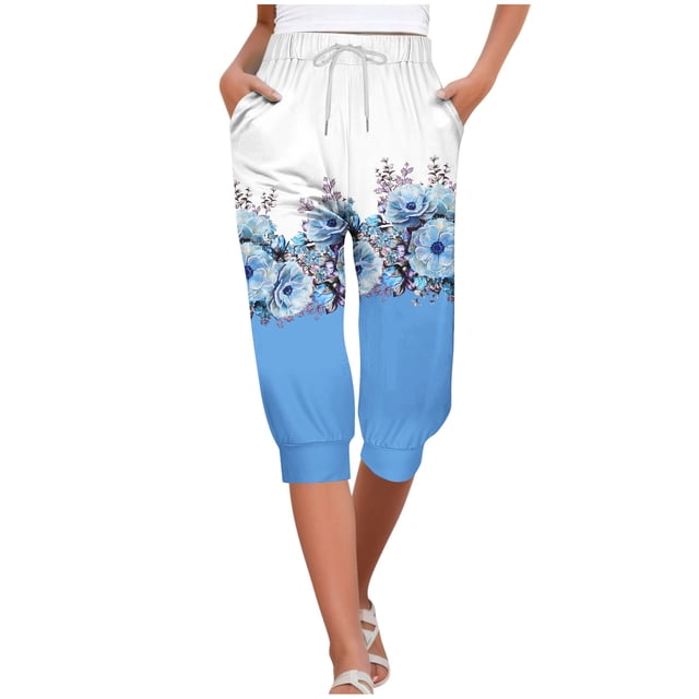 Mujeres Capri Pantalones Elástico Corbata Cintura Suelta Ajuste con Bolsillos, Casual Y Cómodo Pantalones de Cintura Elástica para las Mujeres