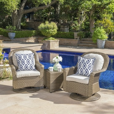 Bombay Outdoor Wicker Swivel Club Chairs and Side Table Set with Cushions, Grey,Brown