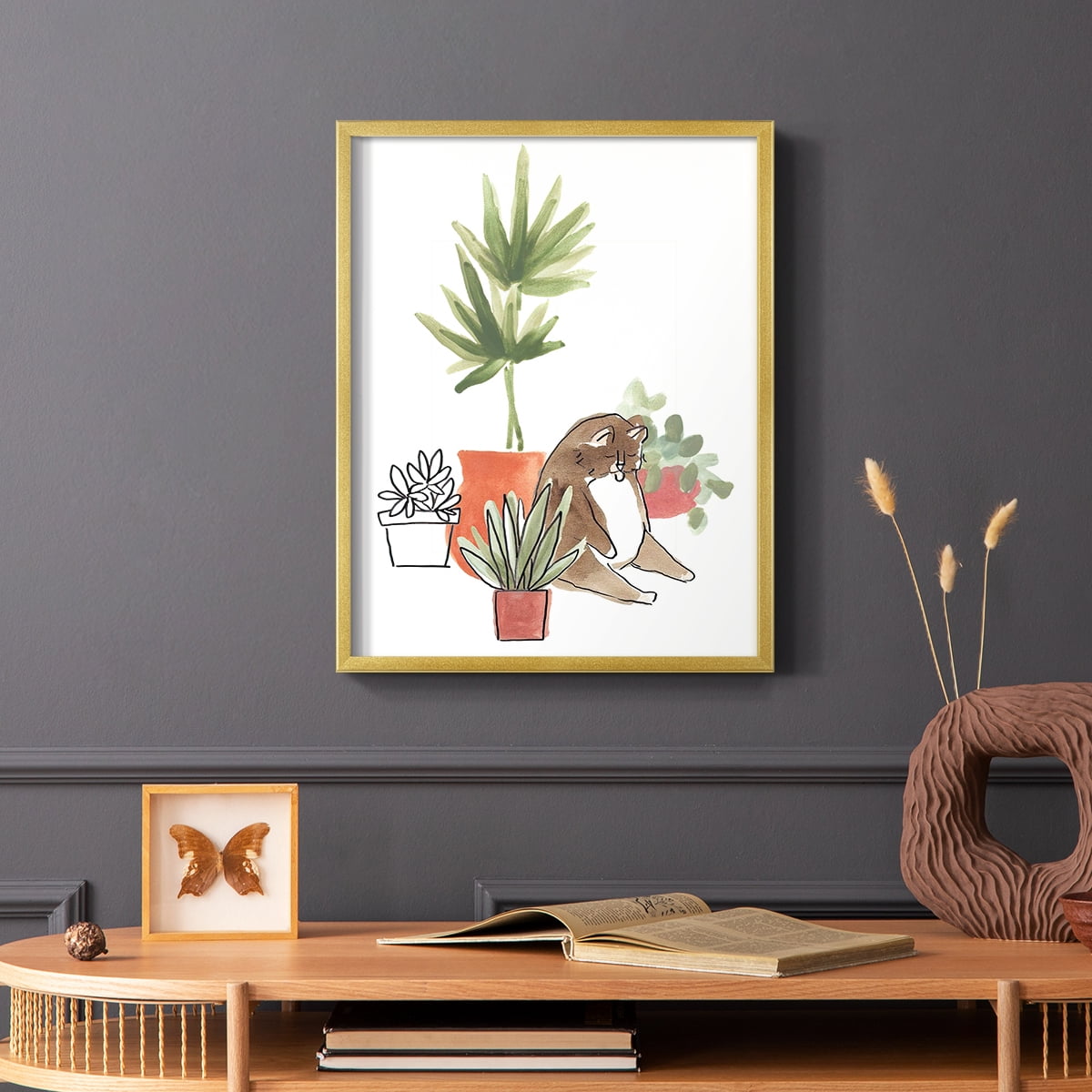 Purrfect Plants II Framed Print in Gold Solid Wood Framed Print No Nail Hanging