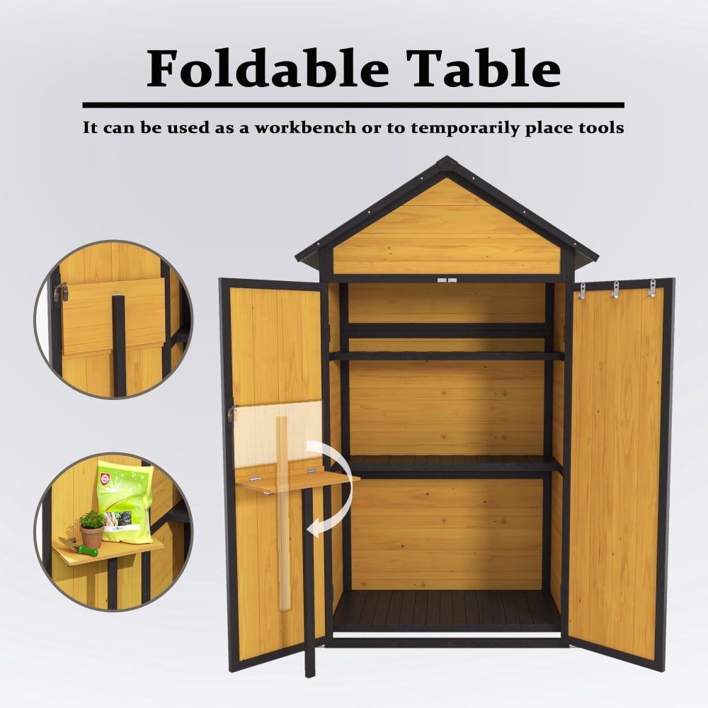 Outdoor Weatherproof Storage Cabinet: Durable Wood Garden Tool Shed with a Waterproof Roof, Lockable Doors, Removable Shelves, Foldable Table, and Hooks (69 Inches). Ideal for Yard and Patio Use