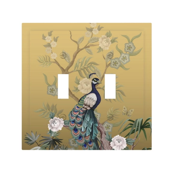 Chinoiserie Style Herons Peacock 2 Gang Switch Wall Plate Decorative Double Toggle Cover with 4 Painted Screws for Home & Commercial Use