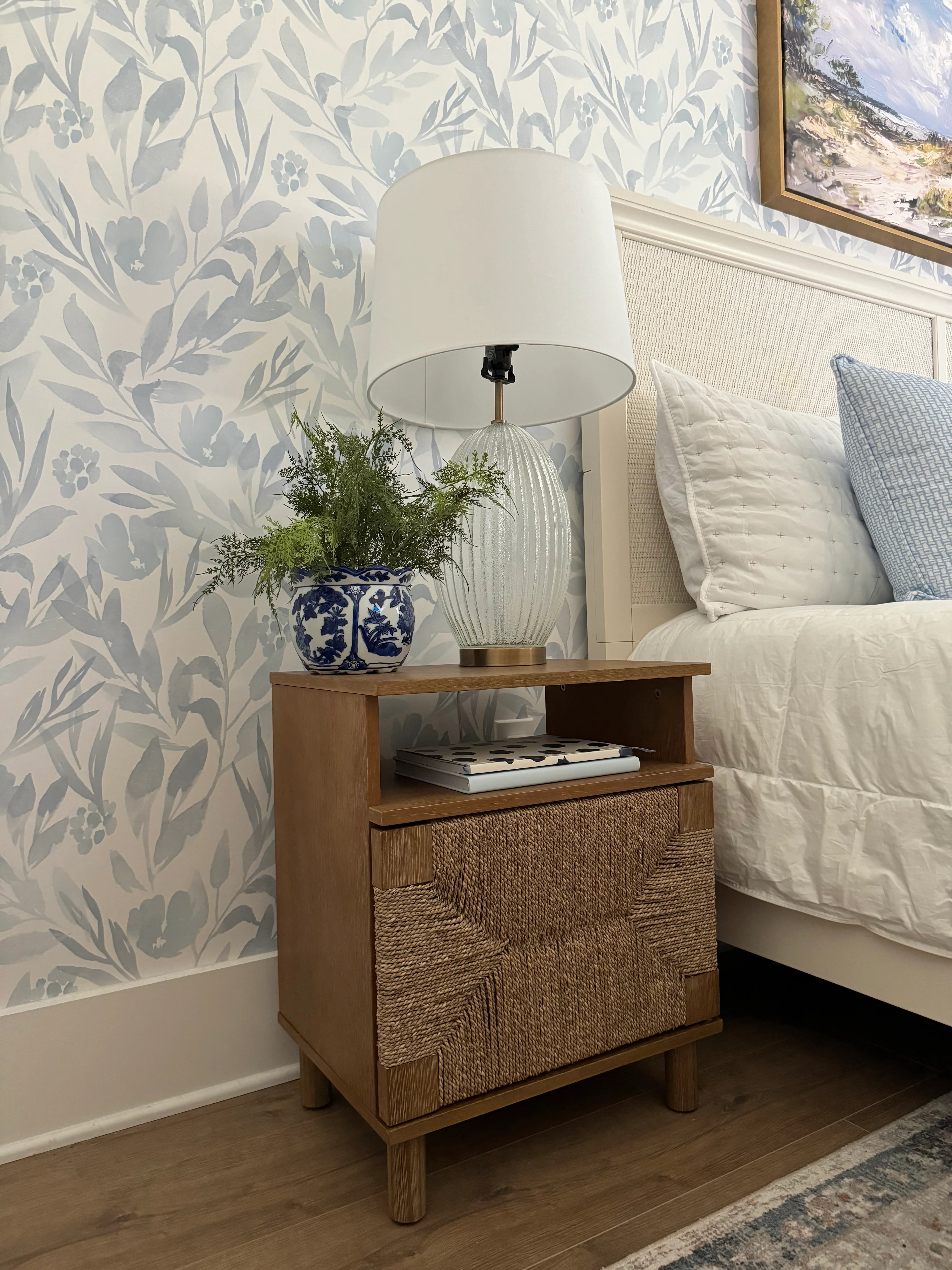 Nathan James Beacon Wood Nightstand, Bohemian Accent Table or Sofa Side Table with Seagrass Door for Bedroom or Living Room, Light Brown