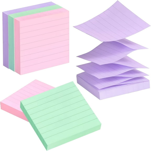 CCOCC 2026 New Lined Pop Up Sticky Note 3X3 Inch, 6 Pack Accordion Style Self-Sticky Notes with Lines, Light Green, Pink, Purple Color, 100 Sheets/Pad Easy Post