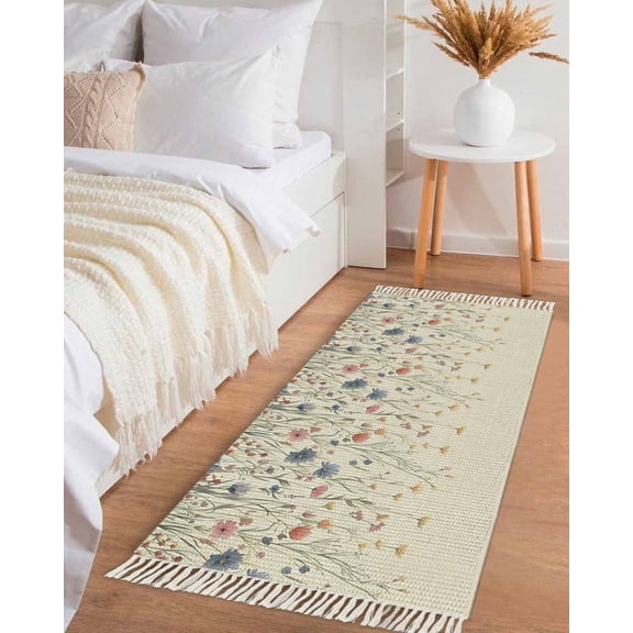 Spring Floral Hallway Runner Rug 2x5ft,Watercolor Rustic Summer Botanical Washable Woven Living Room Bedroom Kitchen Bathroom Carpet with Tassels,Indoor Outdoor Throw Door Mat for Entryway
