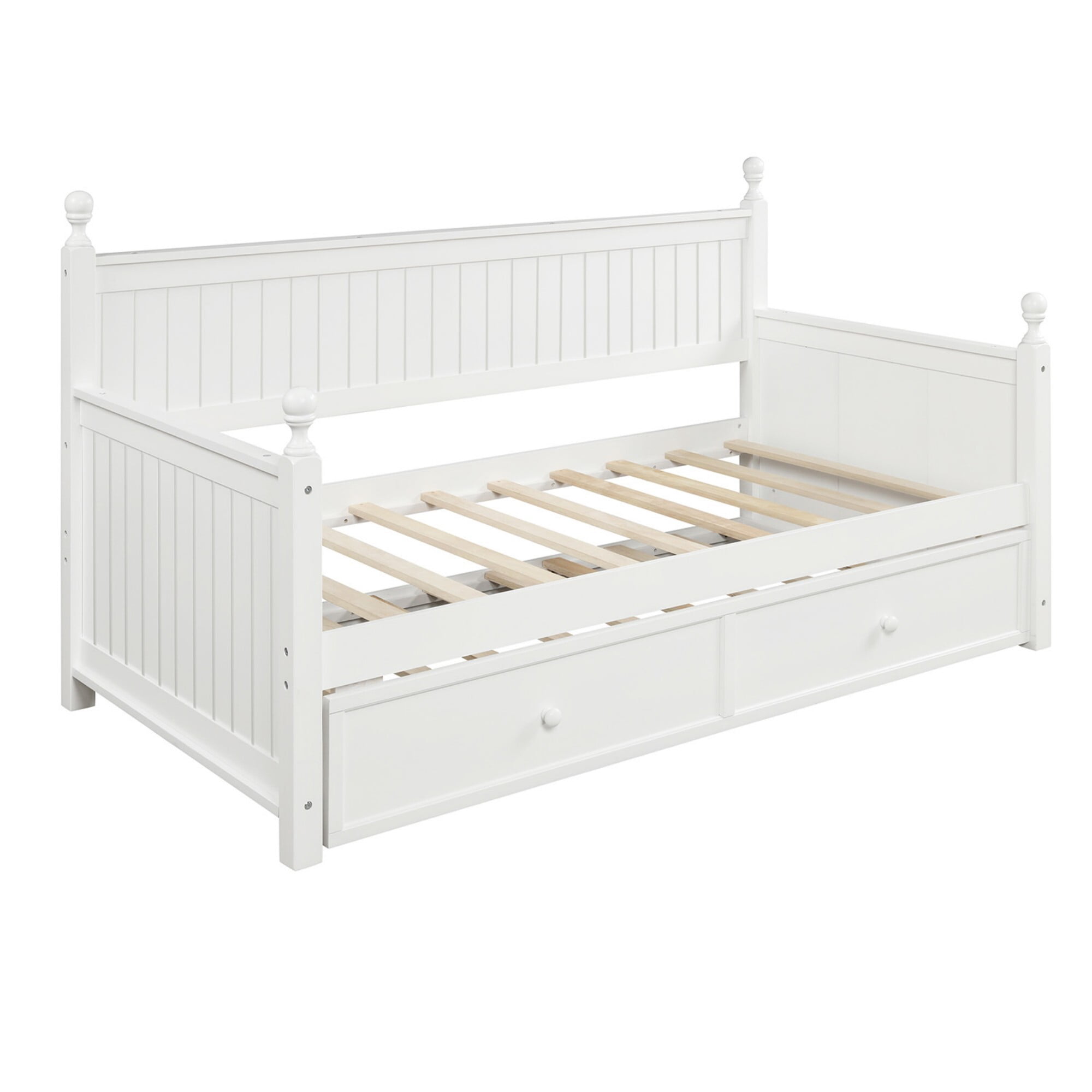AENKYO Solid Pine Wood Twin Daybed with Trundle, 2-in-1 Convertible Sofa Bed for Guest Room/Kids Room, White