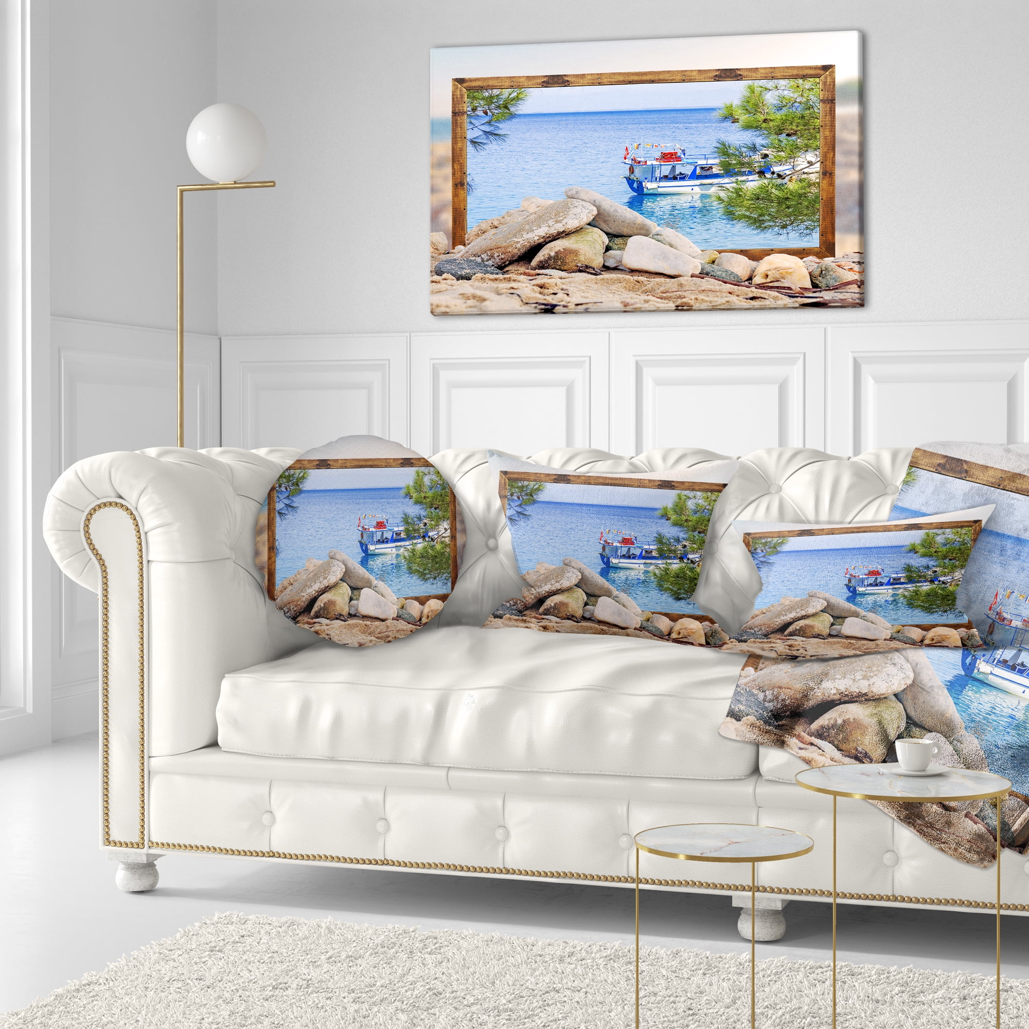 Designart Framed Effect Boat in Ocean - Seashore Throw Pillow - 12x20
