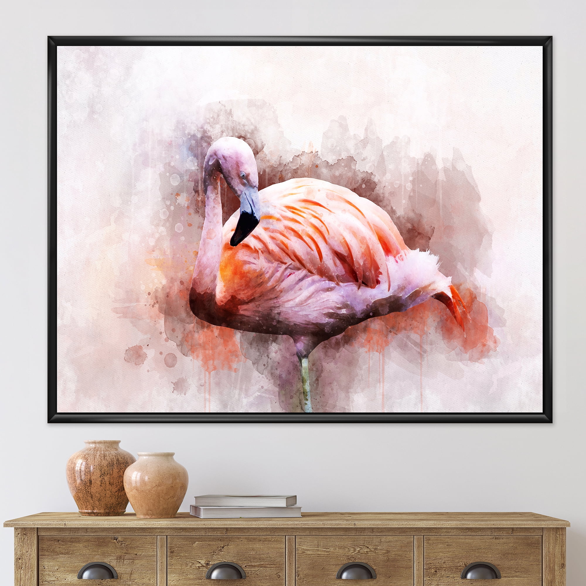 Designart 'Abstract Portrait of Pink Flamingo III' Farmhouse Framed Canvas Wall Art Print