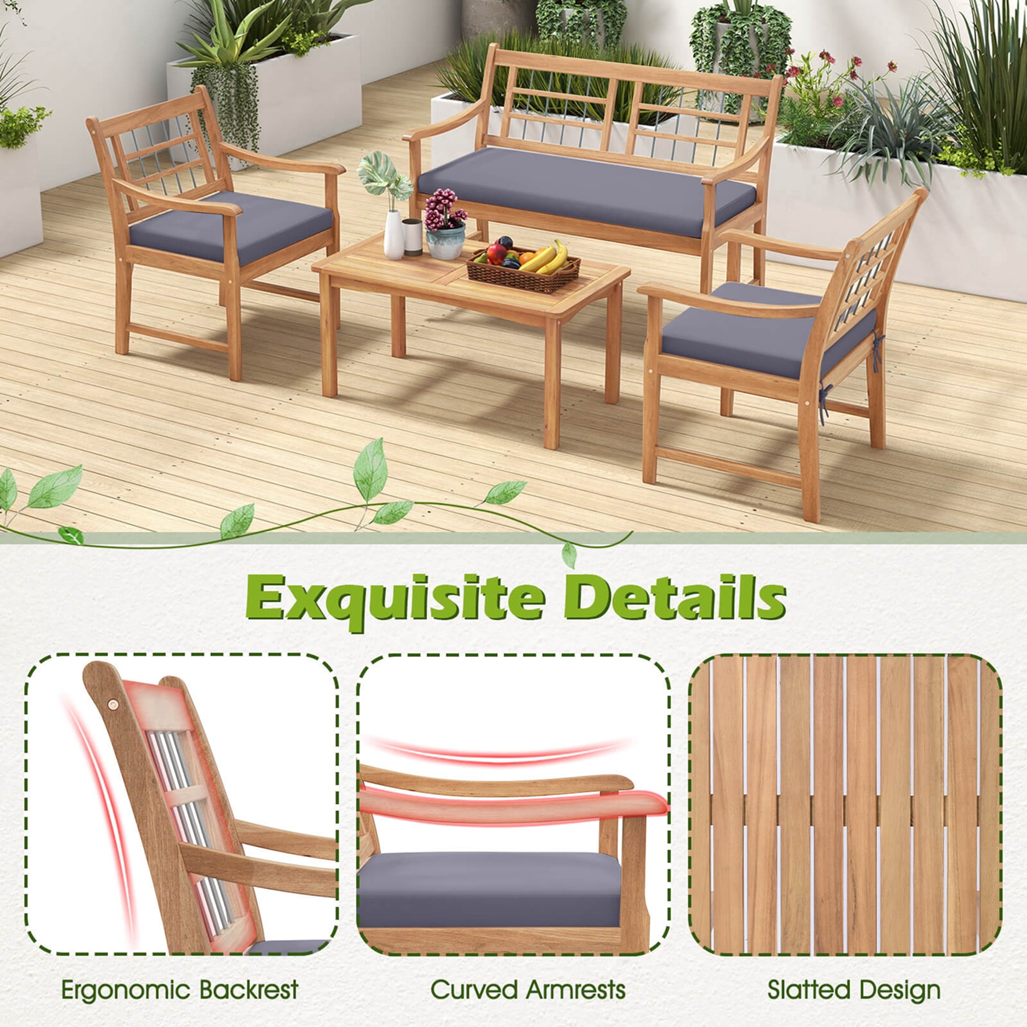 Costway 4 PCS Wood Patio Furniture Set with Soft Seat Cushions Solid Acacia Wood Frame Gray