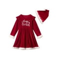 thumbnail image 3 of Fdqin Girls Christmas Dresses Velvet Long Sleeve Letter Print Plush Crew Neck Dress with Santa Hat Winter Christmas Outfit Red 3-4 Years, 3 of 9