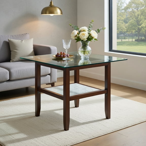 Spaco 24 Inch 2-Tier Square Glass Coffee Table, Center Table with Storage Shelf, Brown