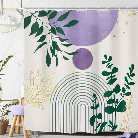 Purple Boho Modern Shower Curtain for Bathroom Decor 72Wx72H Bohemian Leaves Mid Century Eucalyptus Arch Line Art Printed Fabric Polyester Waterproof 12 Pack Plastic Hooks