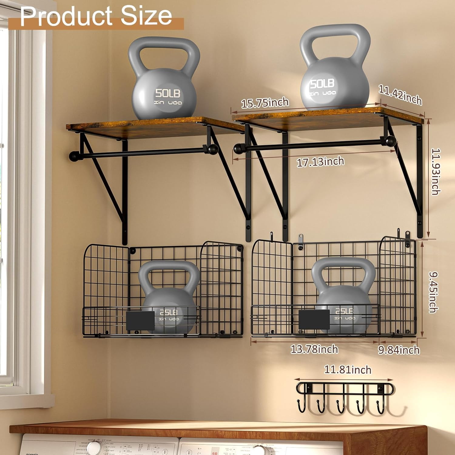 Wall Mounted Laundry Room Shelves with Wire Baskets and Drying Rods, Over Washer Dryer Storage Organizer, Wood Metal Black