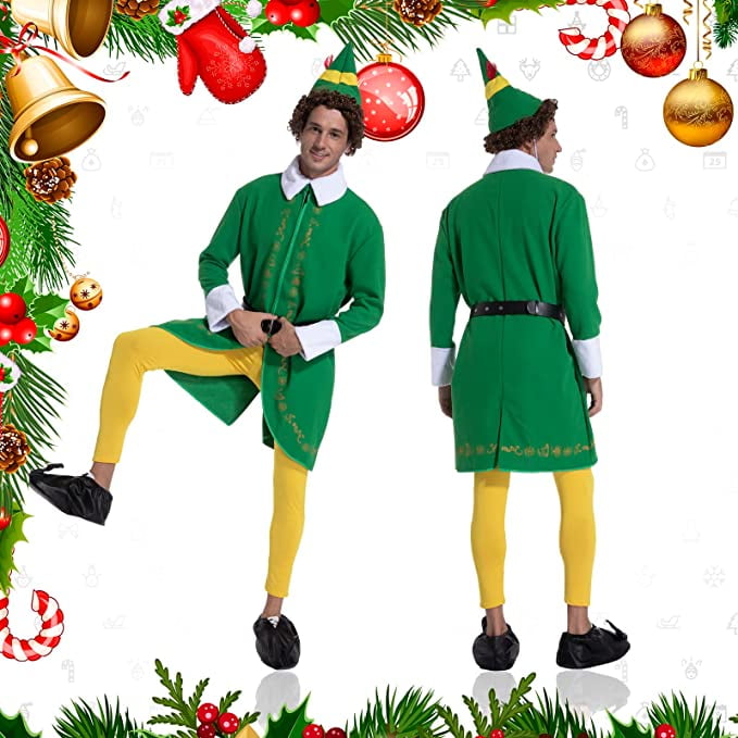 Buddy the Elf Costume, Christmas Elf Outfit with Elf Shoes, Hats, Coat, Belt and Leggings for Men Buddy the Elf Costume, Christmas Elf Outfit with Elf Shoes, Hats, Coat, Belt and Leggings for Men