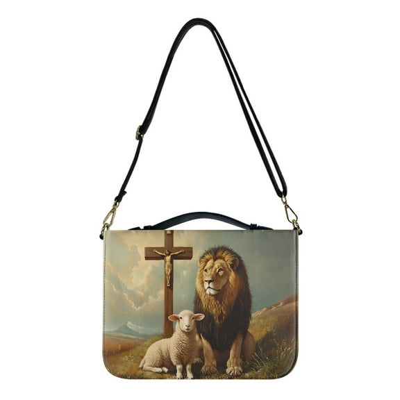 FOR U DESIGNS Lion Sheep Cross Pattern Bible Cover Case Waterproof Bible Carrying Case Multifunctional Church Bag Bible Protective Bible Carrier Tote Bag Christian Gifts, 2XL