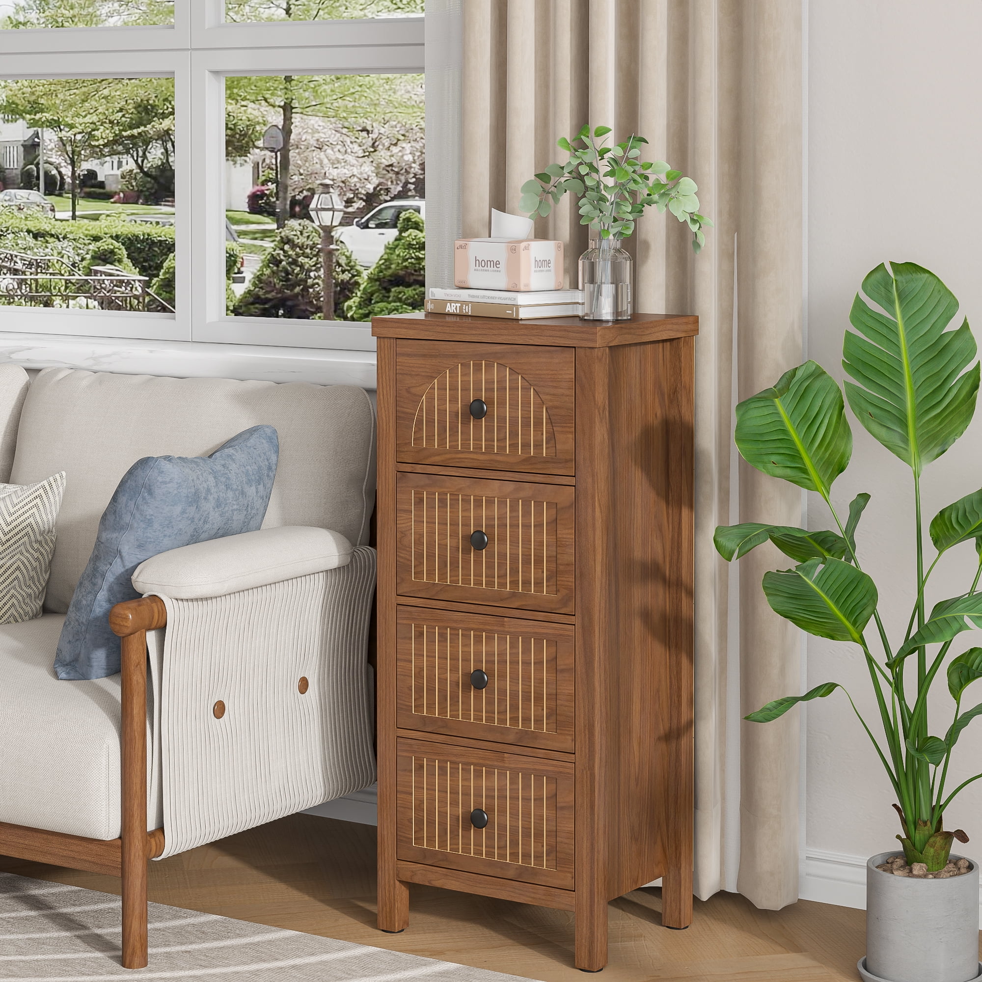 Farmhouse Nightstand & Dresser, Dresser for Bedroom with 4 Drawers, Wooden Storage Cabinet Sofa Table