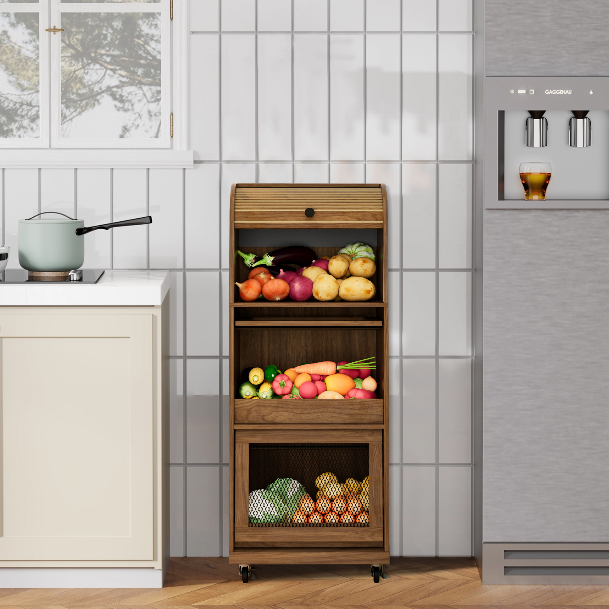 Onion and Potato Storage Bin Box, Movable Potato Bins with Sliding Door, Farmhouse Kitchen Pantry Cabinet