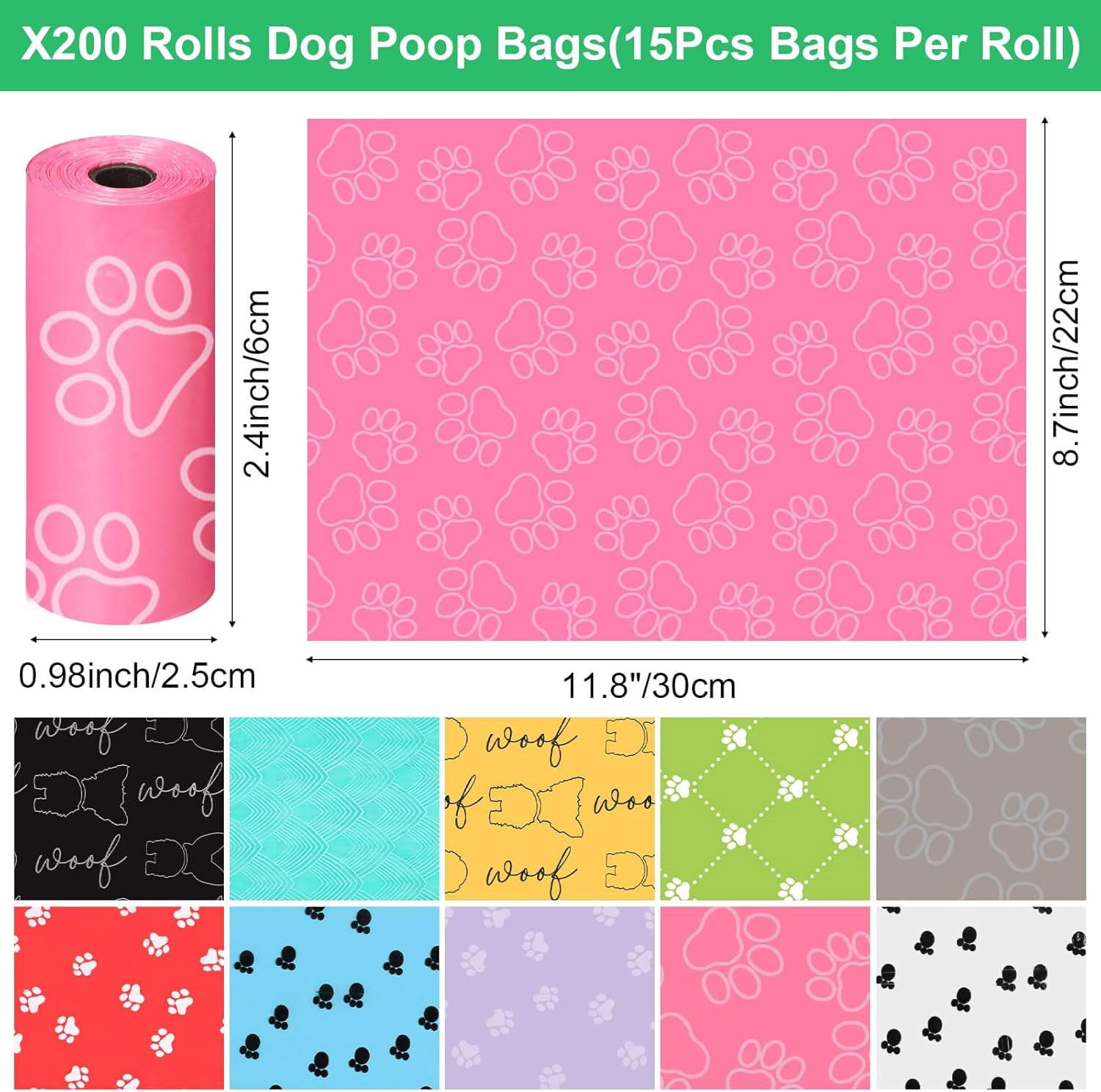 Disposable Dog Poop Bags, 3000 Counts in 200 Rolls for Pet Waste Cleanup Outdoor Walking Travel, Mixed Colors Paw Print Style
