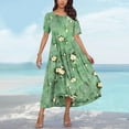 thumbnail image 4 of Horkkom Floral Dress for Women Crew Neck Short Sleeve Shirt Dresses Summer Maxi Pleated Dress with Pockets Green L, 4 of 5