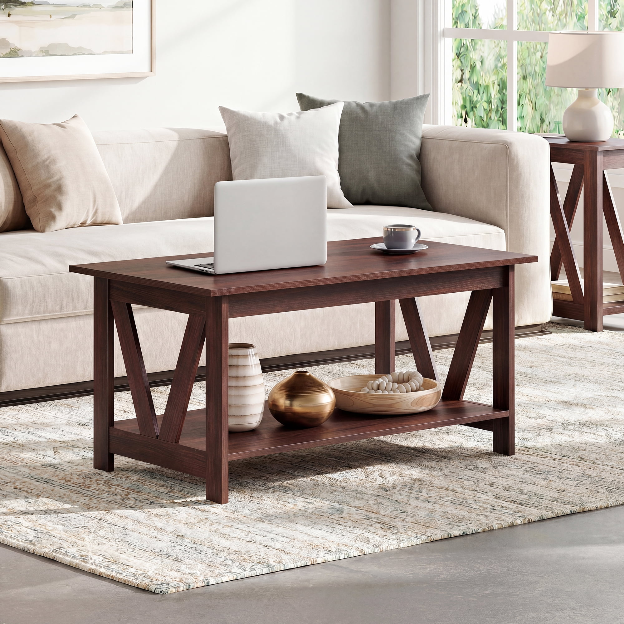 GALAXHERO 39.4" Coffee Table with Storage Shelf Farmhouse Coffee Table with V-Frame Support 2-Tier Wood Rustic Center Table for Living Room, Bedroom & Balcony, Espresso