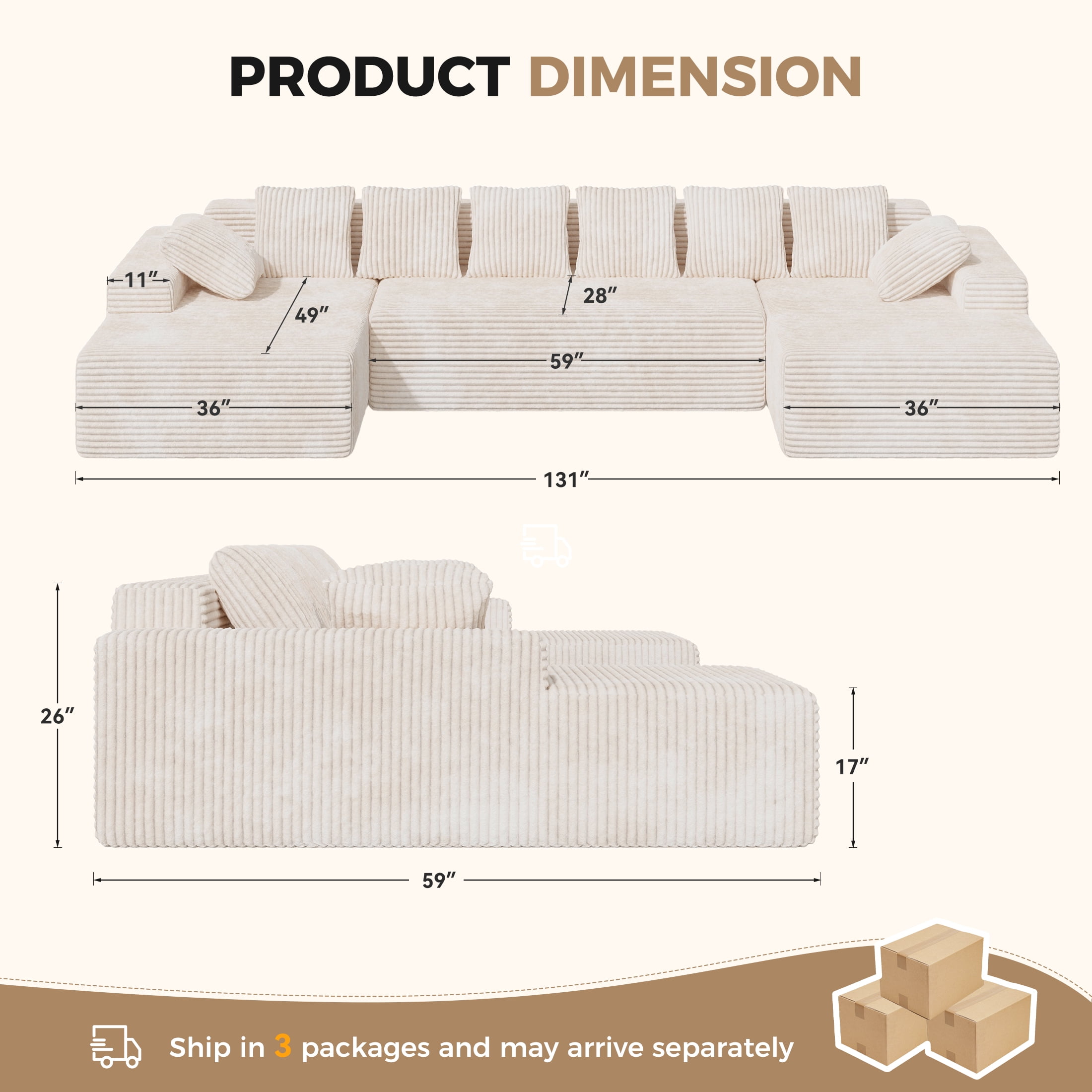 Daluvenix 131'' Modular Sectional Couch Modern U-Shaped Floor Sofa with Double Chaise Lounge Free Combination Luxury Couches for Living Room Beige