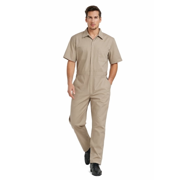 TOPTIE Men\'s Short-Sleeve Coverall Work Jumpsuit Lightweight with Zipper Front Elastic Waist, Khaki Coverall