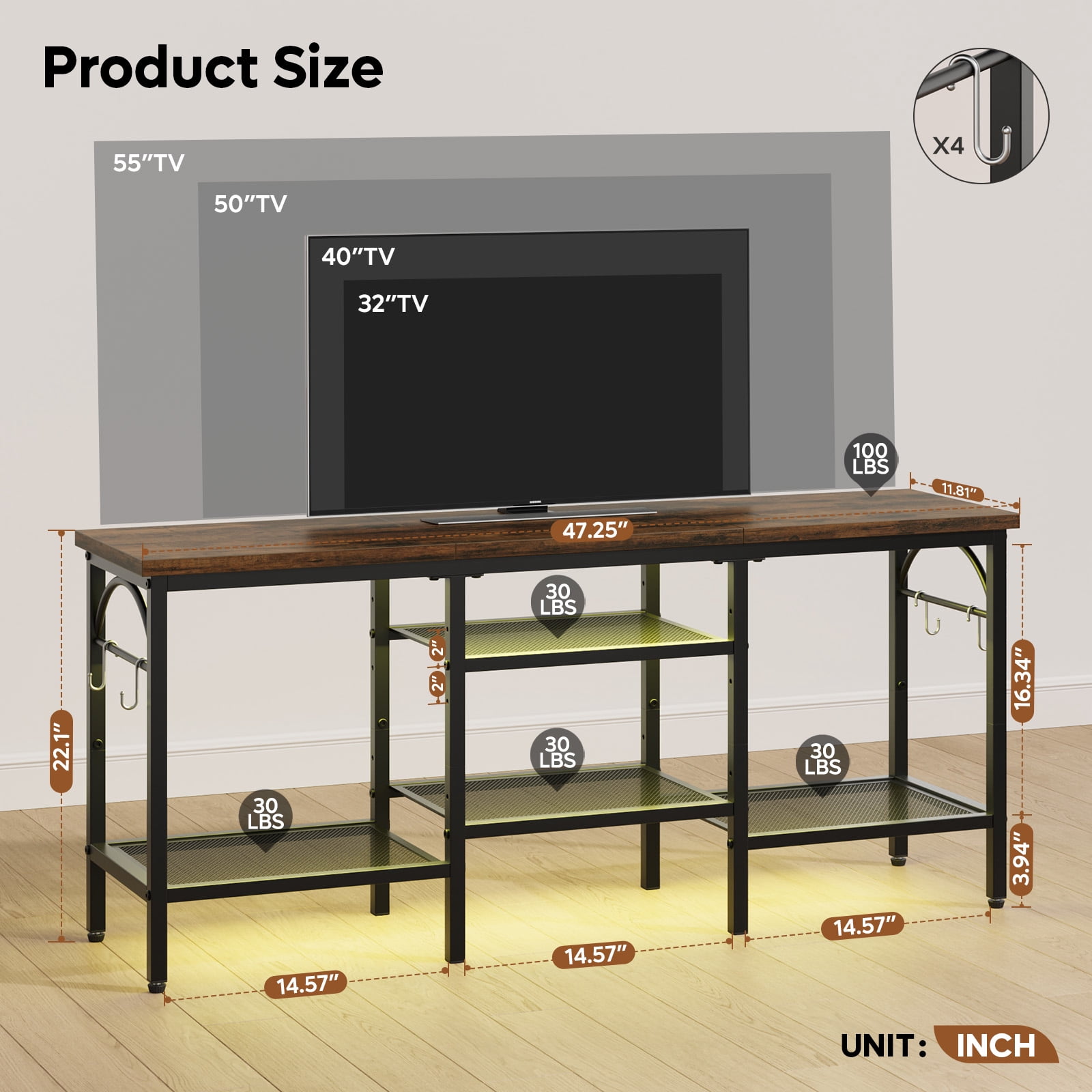 Pinmoco TV Stand for TVs up to 55 Inch, LED Light Entertainment Center with Open Storage Shelves, TV Media Console Table for Living Room, Bedroom, Rustic