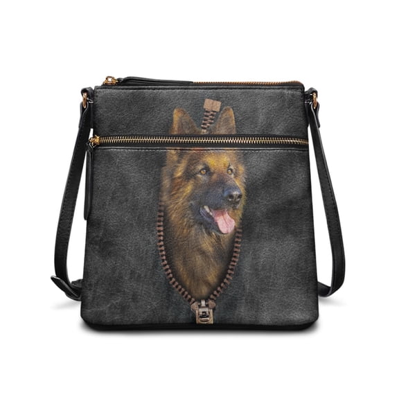 HELLHERO German Shepherd Print Crossbody Bag, Waterproof PU Leather Adjustable Strap Sling Purse Satchel for Ladies Daily Work and Travel