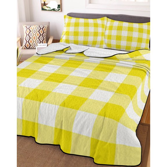 Twin Quilt Bedding Set, Farmhouse Yellow Buffalo Plaid Lightweight Coverlet Summer Comforter Set Soft Microfiber Bedspread, Modern Minimalist Checkered 3 Piece Quilt Set with 2 Pillow Shams