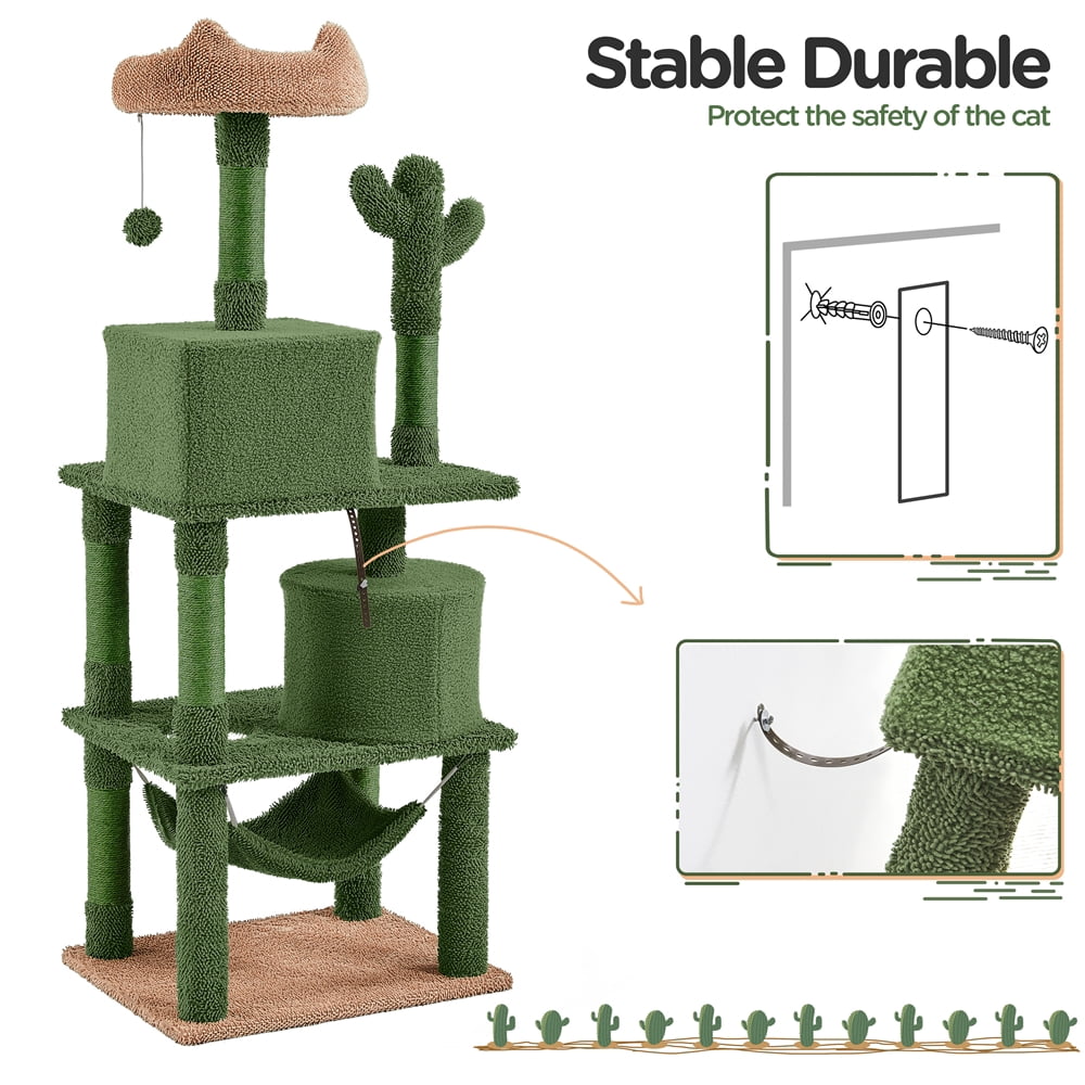 Yaheetech 62.5'' Multi-Level Cactus Cat Tree with Perch, 2 Condos & Hammock, Green/Brown