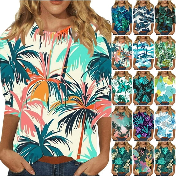 JTZGDY 3/4 Length Sleeve Tops for Women Loose Fit Casual Beach Tropical Printed Summer Crewneck Oversized Tunic Blouse Lightweight Cozy Graphic Vacation T-Shirts Multicolor#01 XXL