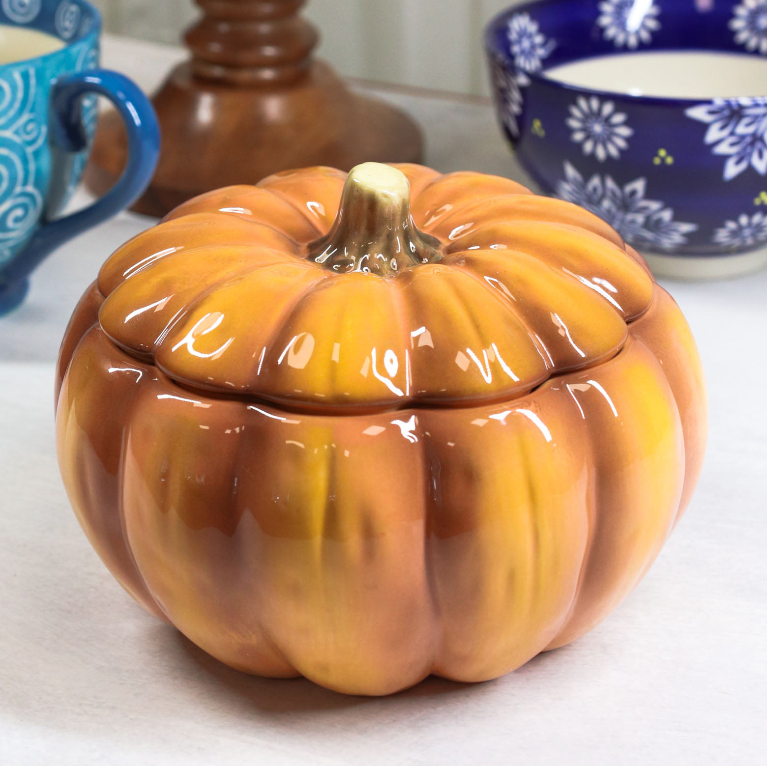 Suoha Halloween Pumpkin Snack Bowl Stand with Ceramic Bowl Home Restaurant Desktop Holiday Decoration