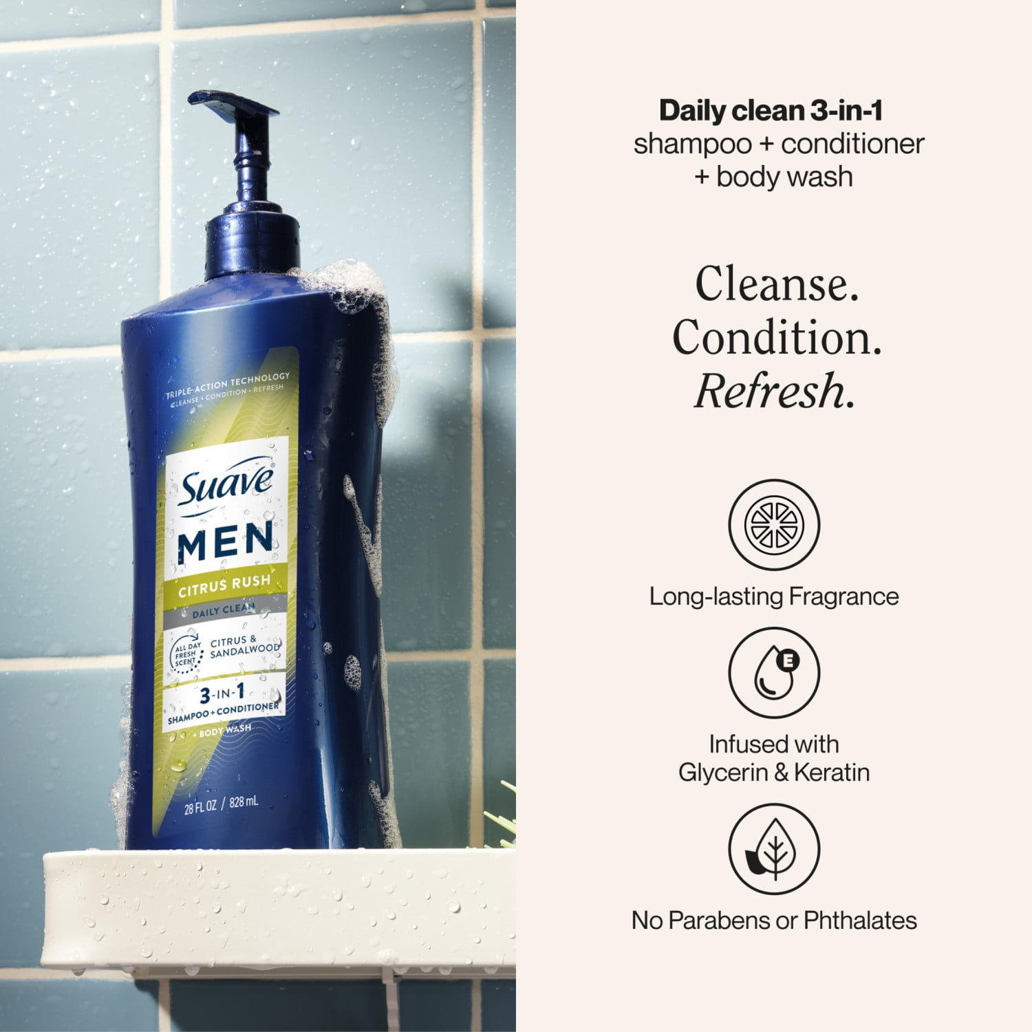 (4 pack) Suave Men Citrus Rush 3-in-1 Shampoo, Conditioner & Body Wash with Glycerin & Keratin, 28 OZ