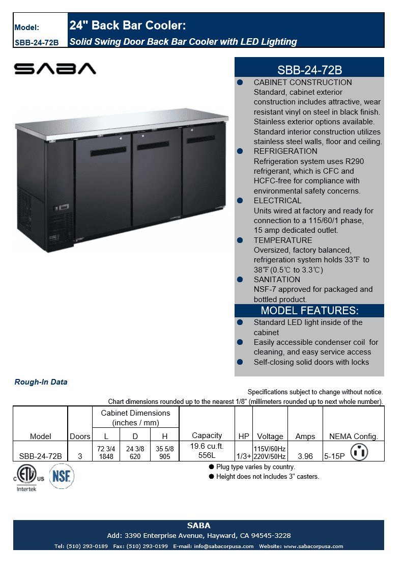 Heavy Duty Commercial Black Back Bar Cooler with 3 solid doors (24" depth 72" length)