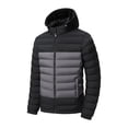 thumbnail image 4 of Iyufng Men's Color Block Hooded Puffer Jackets Horizontal Quilted Zip Up Winter Windproof Coat with Side Pockets and Elastic Cuffs, 4 of 9