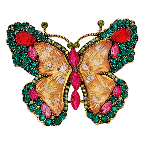 Green Crystal and Pink Enamel Butterfly Brooch
