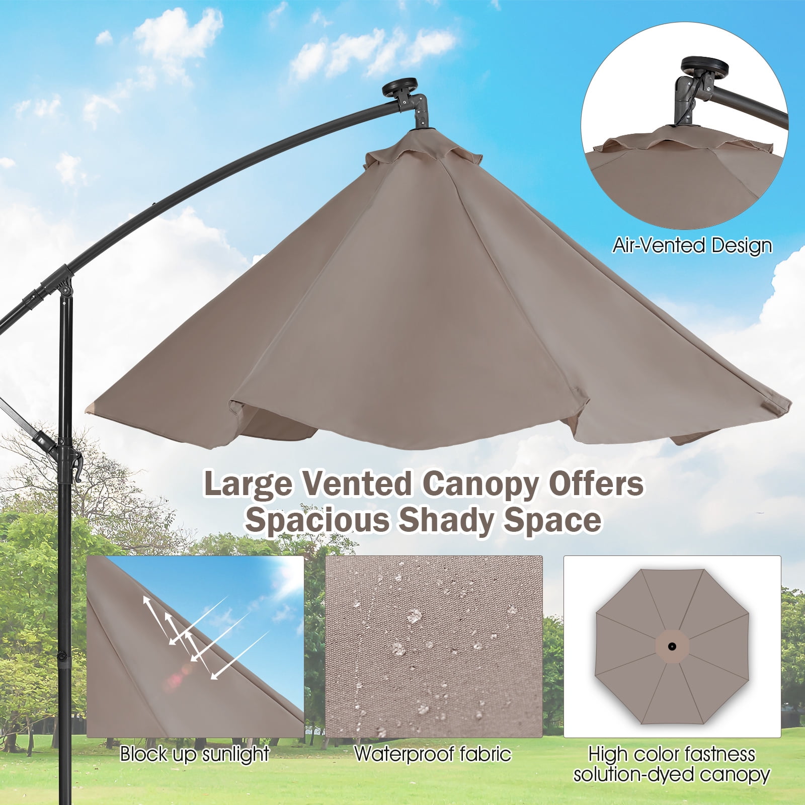Patiojoy 10FT Patio Umbrella with 32 LED Lights Solar Powered Pool Umbrellas 8 Ribs Cantilever Offset Umbrella for Outdoor Coffee