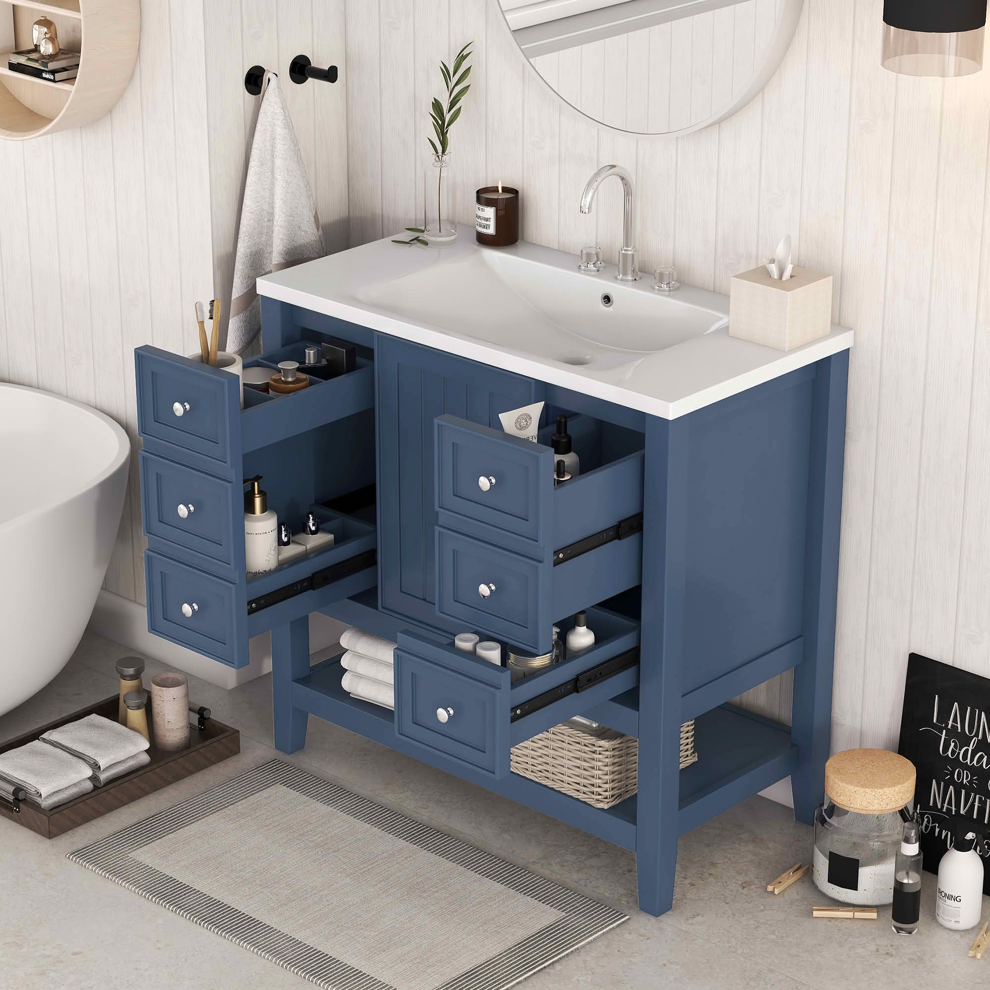 MAYEERTY 36" Bathroom Vanity with Sink 1 Cabinet 3 Drawers Solid Wood MDF Blue
