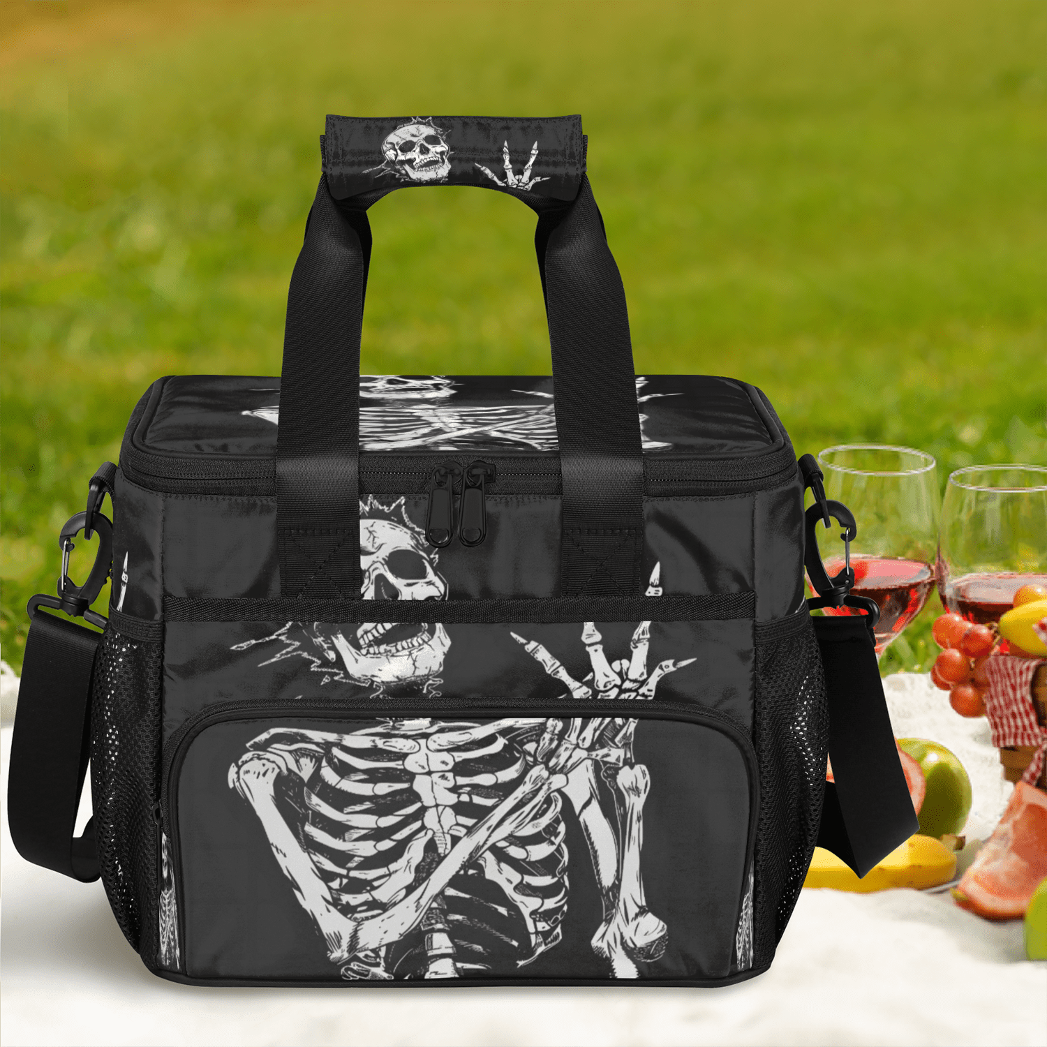 Herdesigns Skeleton Funny Skull Large Lunch Box for Adults Women Men with Adjustable Shoulder Strap, Insulated Reusable Lunch Bag Leakproof Cooler Tote Bag