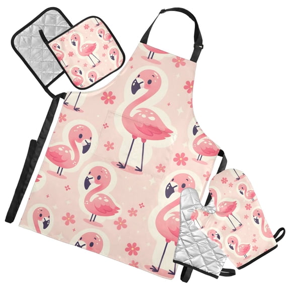 Cute Pink Flamingo and Flowers 5 Pcs Kitchen Set Heat Resistant Oven Mitts and Non-Slip Pot Holders with Adjustable Cooking Apron