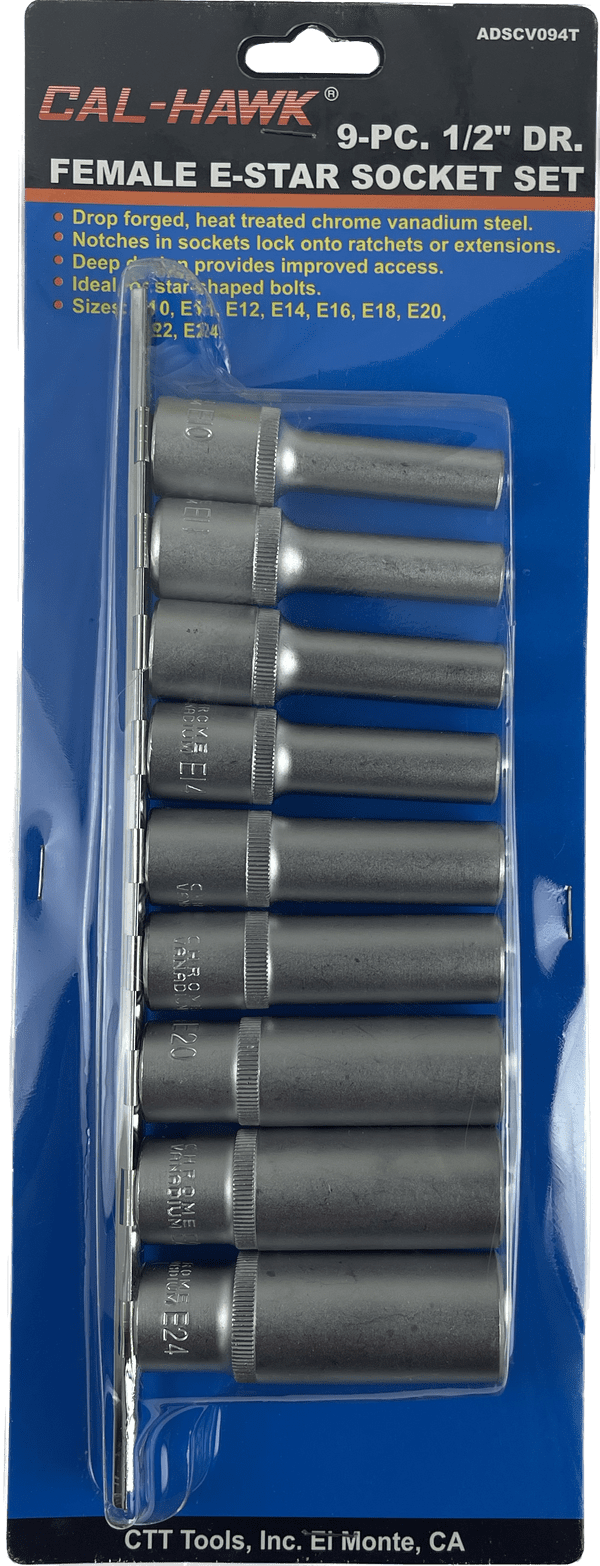 9-Pc 1/2" Drive Female E-Star Socket Set Inside Deep Torx Bit