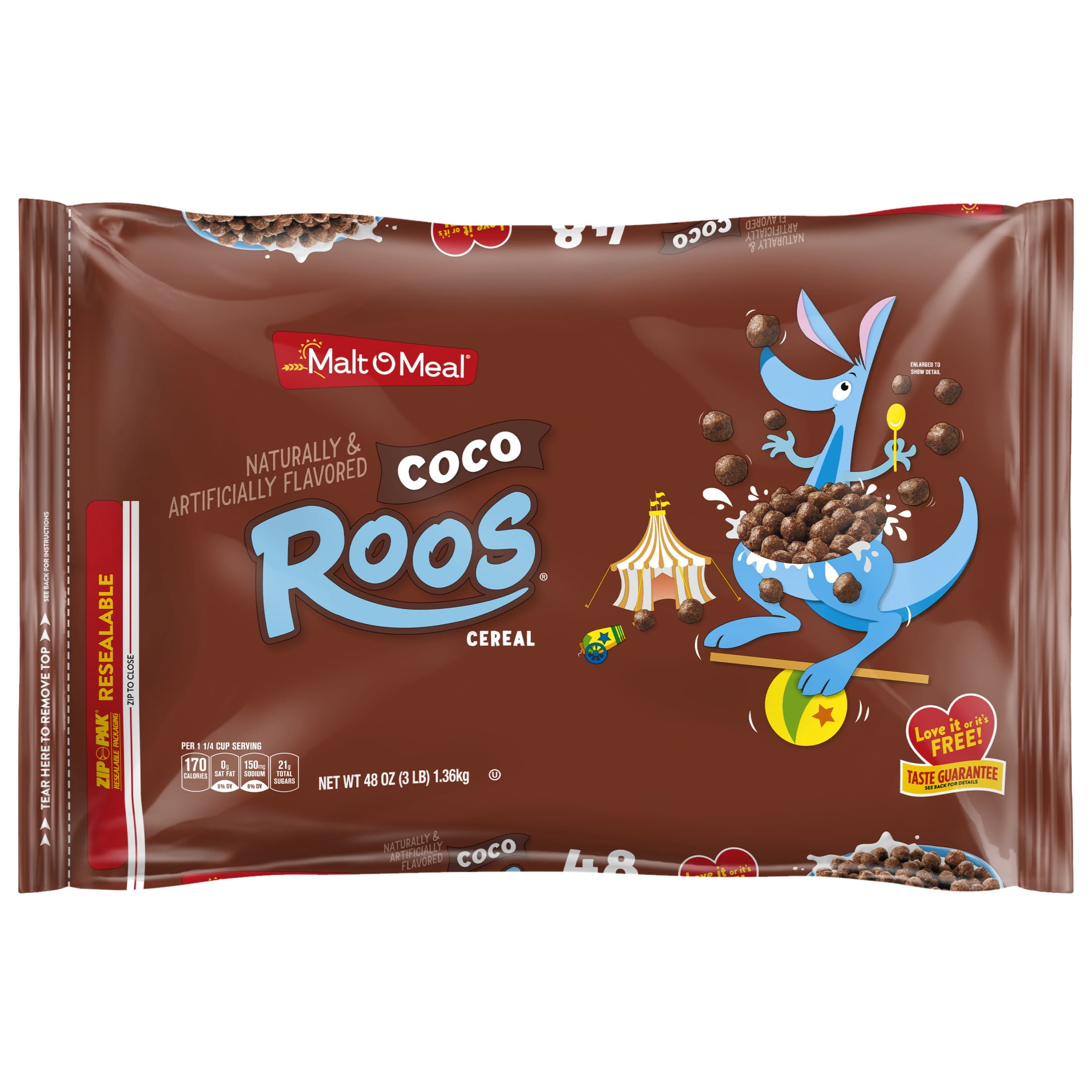 Malt-O-Meal Coco Roos Breakfast Cereal, Crunchy Chocolate Puffs, 48 oz Resealable Bag