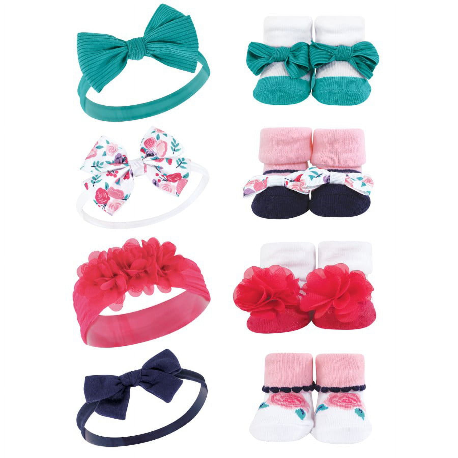 Hudson Baby Infant Girl 16Pc Headband and Socks Giftset, Bright Pink Floral, One Size