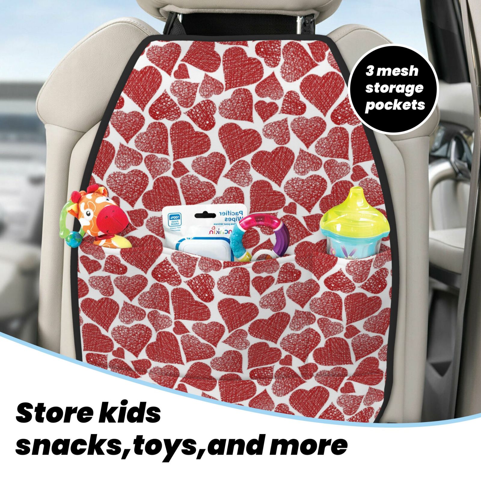 Xecao Hearts Pattern Car Seat Back Protector 2 Pack Large Capacity Pocket, Kick Mats Back Seat Protector