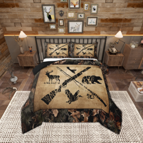 Manfei Bear Deer Slihouette Full Size Comforter Sets,Jungle Animal Bedding Comforter Set,Rustic Mallard Duck Bedding Sets For Boys Kids,Microfiber Bedroom Decor Reversible,3pcs