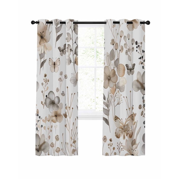 Brown Grey Floral Spring Blackout Curtains 39 Inches Long for Bedroom, Watercolor Botanical Butterfly Thermal Insulated Room Darkening Black Out Window Curtain Panels Grommet Drapes for Living Room