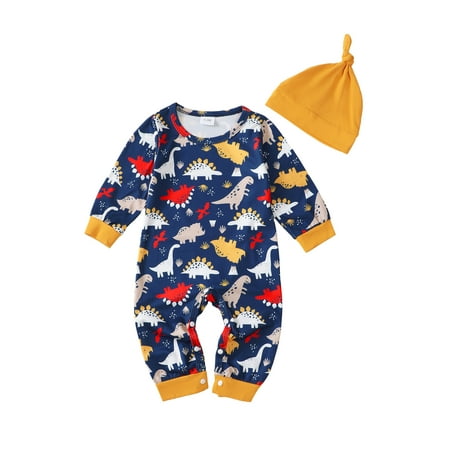 

Kucnuzki Newborn Baby Boys Bodysuits 0-3 Months Baby Boys Winter Clothes Round Neck Long Sleeves Romper Dinosaur Print One-piece Overalls with Hat 2pcs Blue