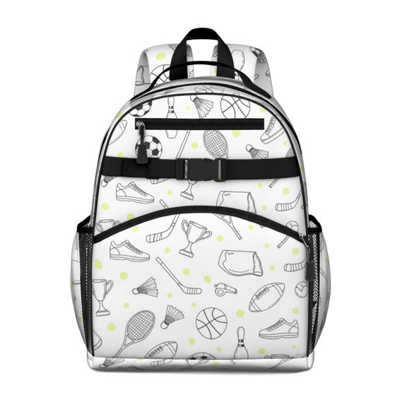 Football and Tennisball White Pattern Cute School Backpack Bag for School with Padded Back and Adjustable Shoulder Straps 15.25"x11.5"x5.25"