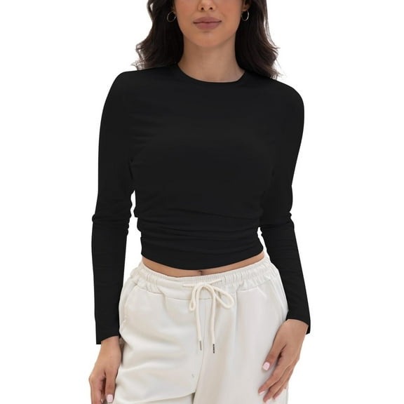 Women's Long Sleeve Tops Casual Going Out Crop Tops Basic Layering Workout Tight Slim Fitted Cropped T Shirts Trendy