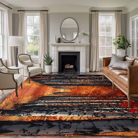 Area Rug for Living Room, Red Orange Forest Fall Non-Slip Indoor Large Carpet for Bedroom/Dining Room, Autumn Botanical Farmhouse Leaves Washable Low-Profile Rectangle Floor Runner Rugs - 6 x 9 Ft